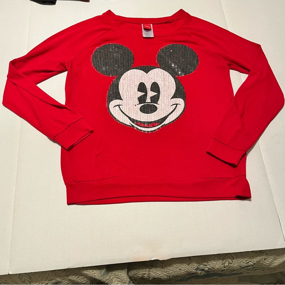Disney Womens Size Medium 7 - 9‎ Red Mickey Mouse Face Clear Sequin Sweatshirt